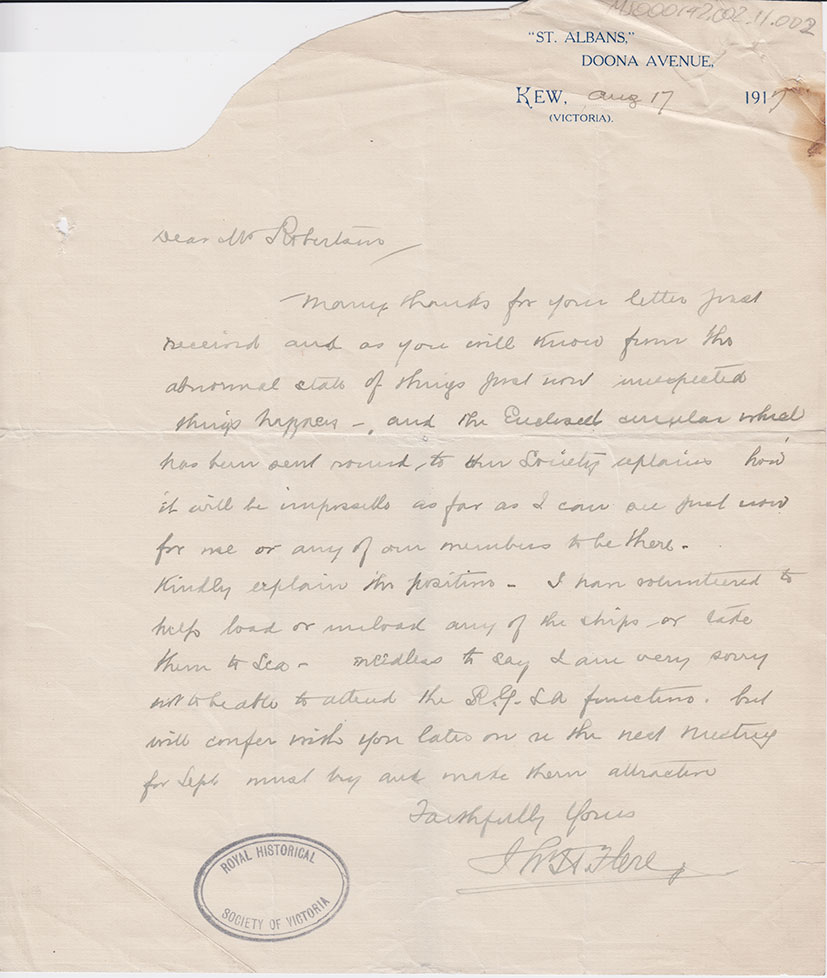 Handwritten letter in pencil from Thos. H. Flere, Ships Husband to Mr Robertson