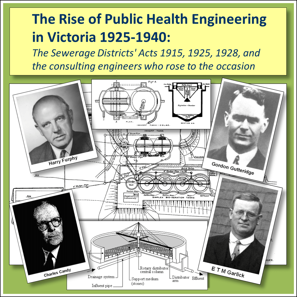 Historical image titled "The Rise of Public Health Engineering in Victoria 1925-1940" featuring technical sewerage system diagrams (including Imhoff tanks and drainage systems) surrounded by portrait photographs of four pioneering engineers: Harry Furphy, Gordon Gutteridge, Charles Candy, and E T M Garlick. The subtitle references the Sewerage Districts' Acts of 1915, 1925, and 1928 that shaped this important public health development.