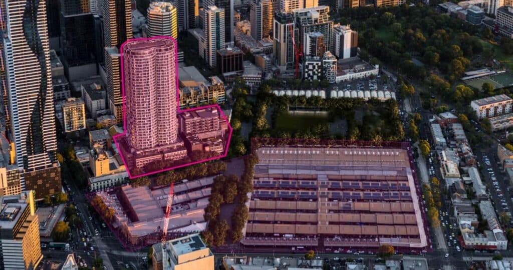 Arial photograph of the city of Melbourne, with a high rise building and the adjacent Queen Vic Market highlighted