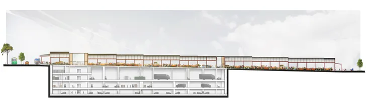 An architectural mock-up of a large development with a deep underground section.