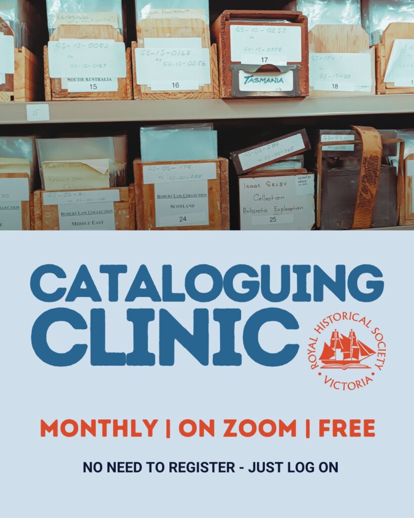 Image promoting Cataloguing Clinic featuring photo of archival boxes bearing various labels
