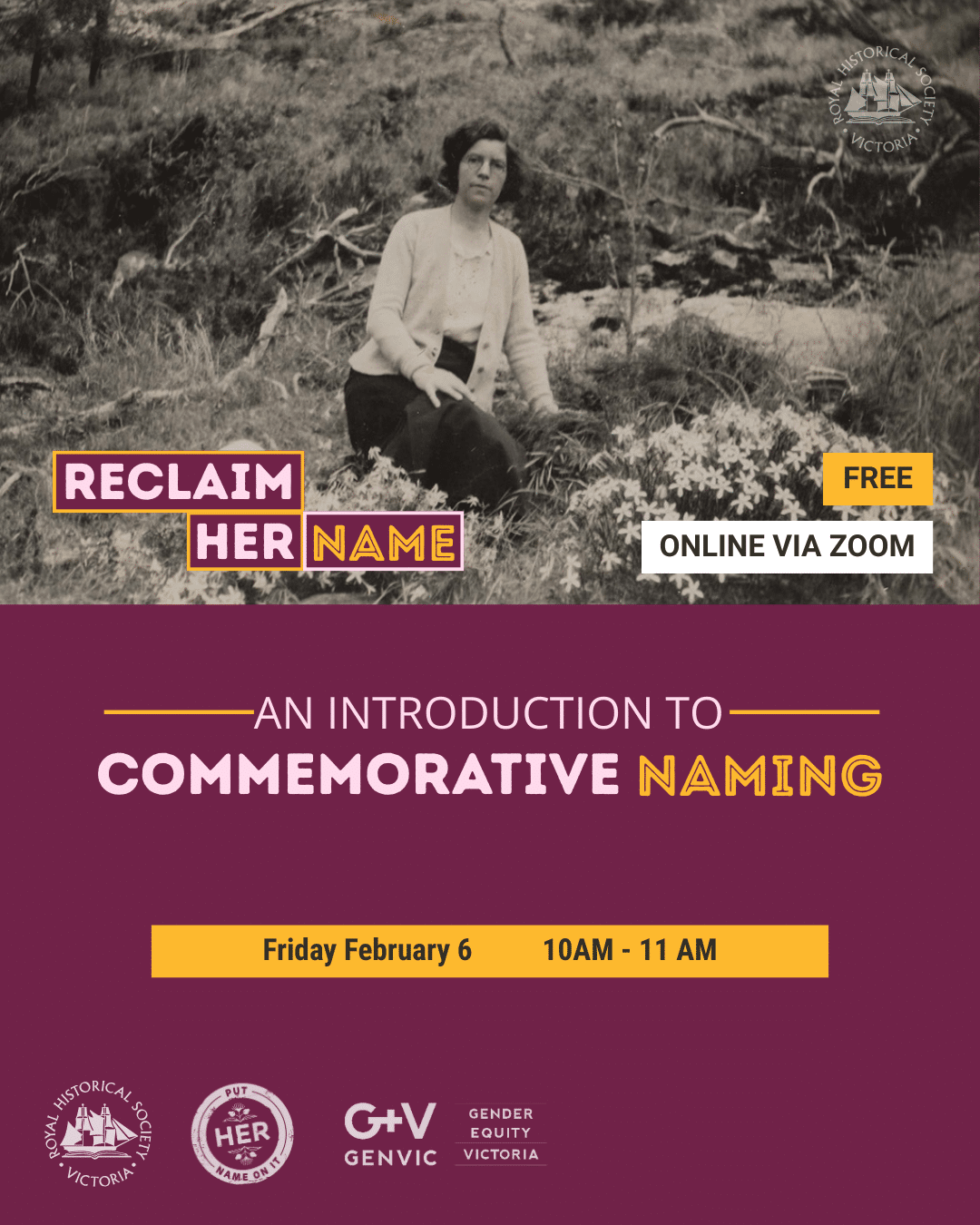 Graphic promoting An Introduction to Commemorative Naming, featuring a black and white historic photo of a woman sitting amongst wildflowers.