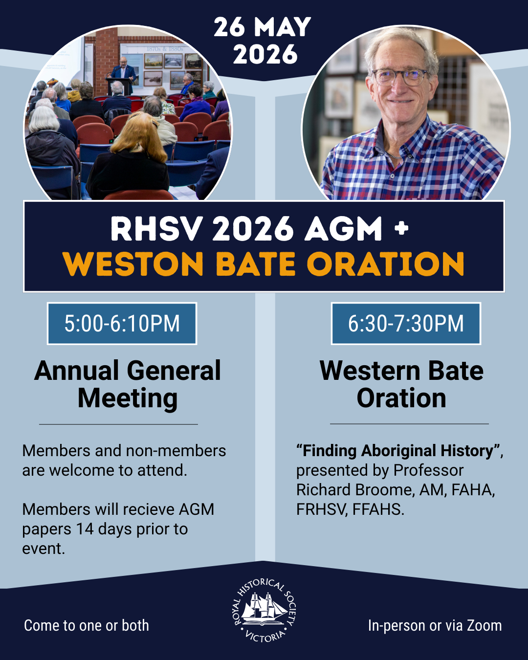 Promotional graphic for this double event, featuring two columns. One is labelled "Annual General Meeting" and the other is labelled "Western Bate Oration".