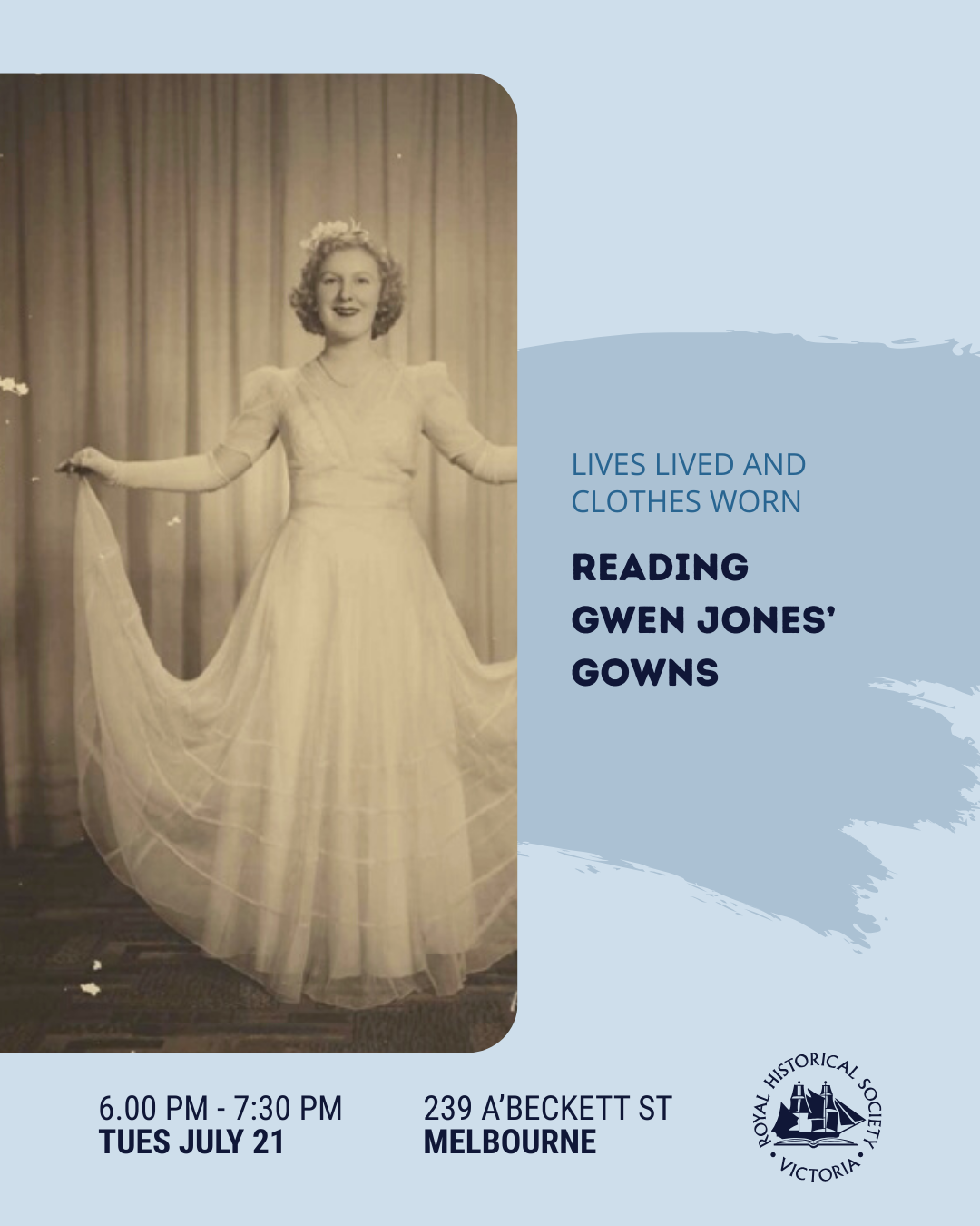 Full-body photo of Gwenda Jones posing in a white debutante dress. Text overlay reads, "Lives lived and clothes worn: reading Gwen Jones’ gowns"