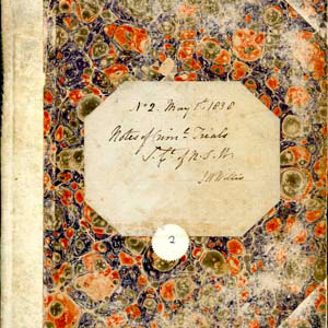 Antique book cover with marbled paper and cursive text. 