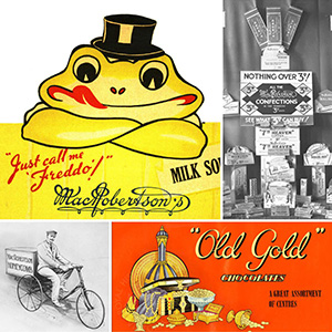 Collage of images from Macrobertson's confectionary, including a picture of an original Freddo Frog label, an Old Gold wrapper, and a bicycle deliveryman. 