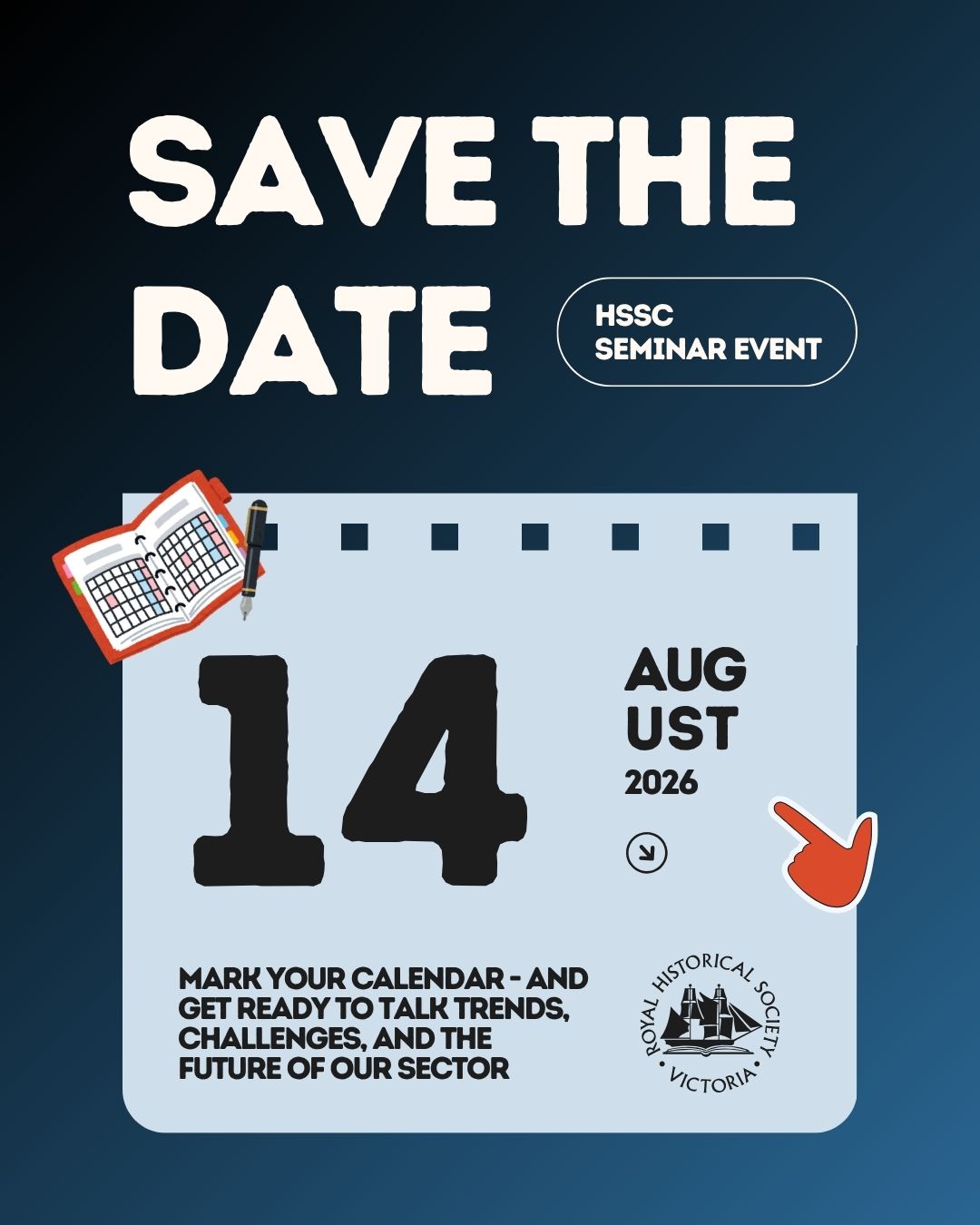 Save the Date graphc for August 14 for an HSSC event