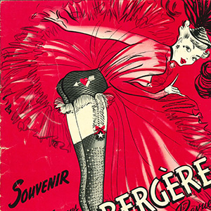 Lavish scarlet illustration of a showgirl pin up in a swirling dress. She is bent over, swishing her skirt to show her knickers.